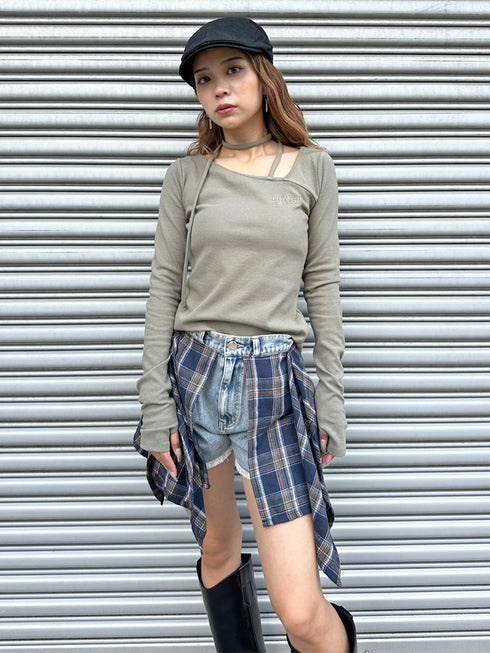 チェックシャツドッキングデニムショートパンツ